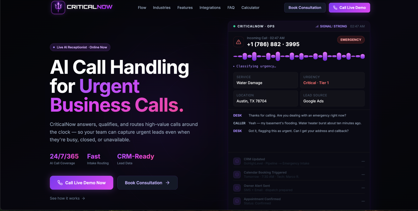 CriticalNow website — AI call handling platform